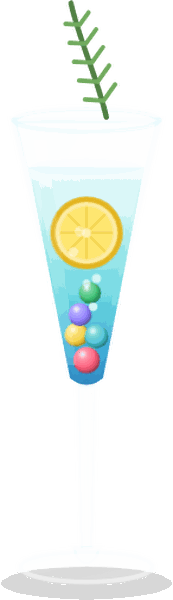 App 裡的珍奶籤筒插畫：一只高腳杯裝著漸層茶湯、彩色珍珠、檸檬片與迷迭香