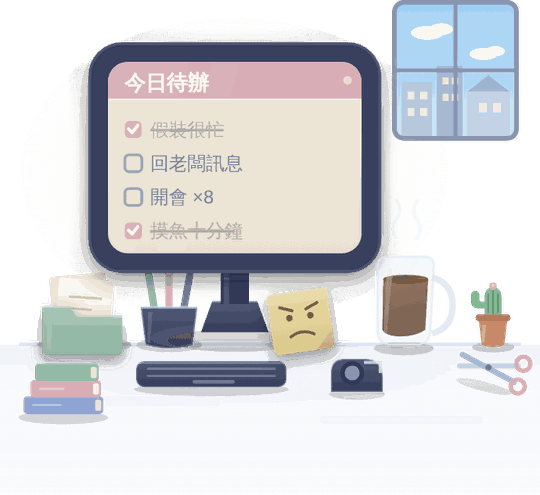 App 裡的深夜辦公桌插畫：螢幕上貼著今日待辦清單、旁邊有咖啡杯、仙人掌、生氣表情的便利貼與夜色窗景
